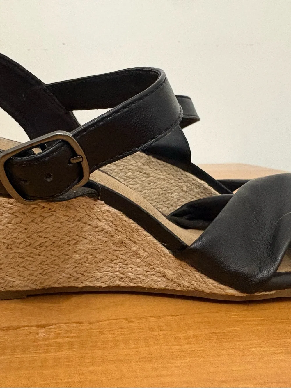 Clarks Black Knotted Front Wedge Sandals with Ankle Strap